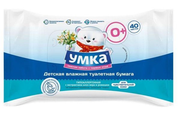 Изображение товара Влажная туалетная бумага детская Умка с экстрактом алоэ вера и ромашки 40шт Влажная туалетная бумага детская Умка с экстрактом алоэ вера и ромашки 40шт фотография